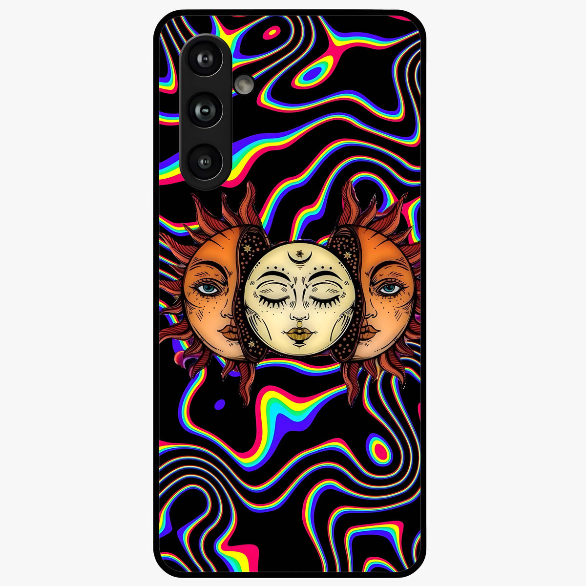 Psychedelic Sun Glass Case showing flat back view with colorful psychedelic sun artwork and glossy glass finish.