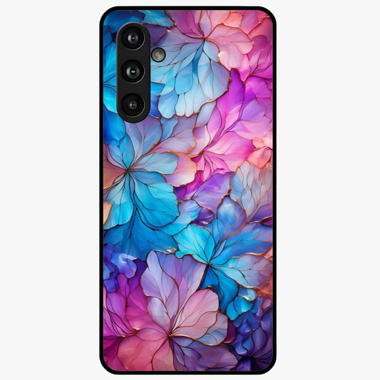 Radiant Floral Whirl Glass Case showing flat back view with swirling floral artwork and glossy glass finish.