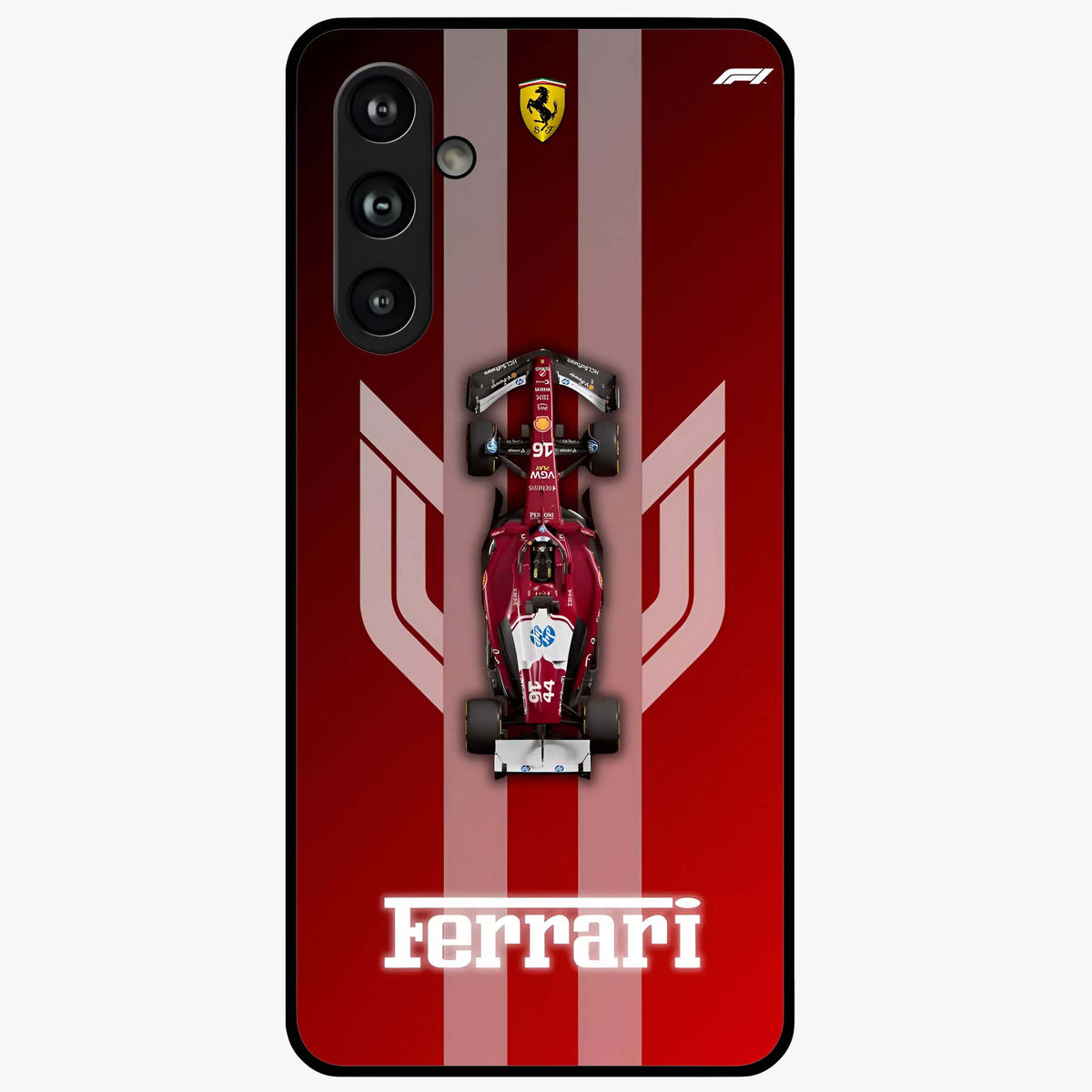 Red Ferrari F1 Vertical Glass Case showing flat back view with sleek Formula racing car artwork and glossy glass finish.