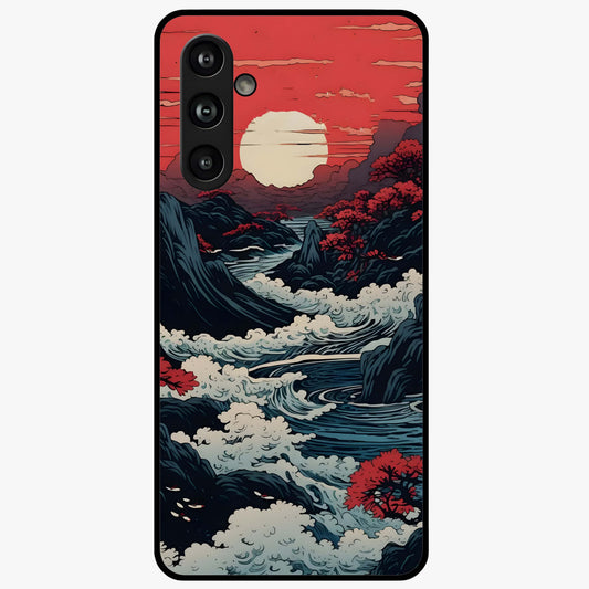 Red Sunset Scenery Glass Case showing flat back view with vibrant sunset landscape artwork and glossy glass finish.
