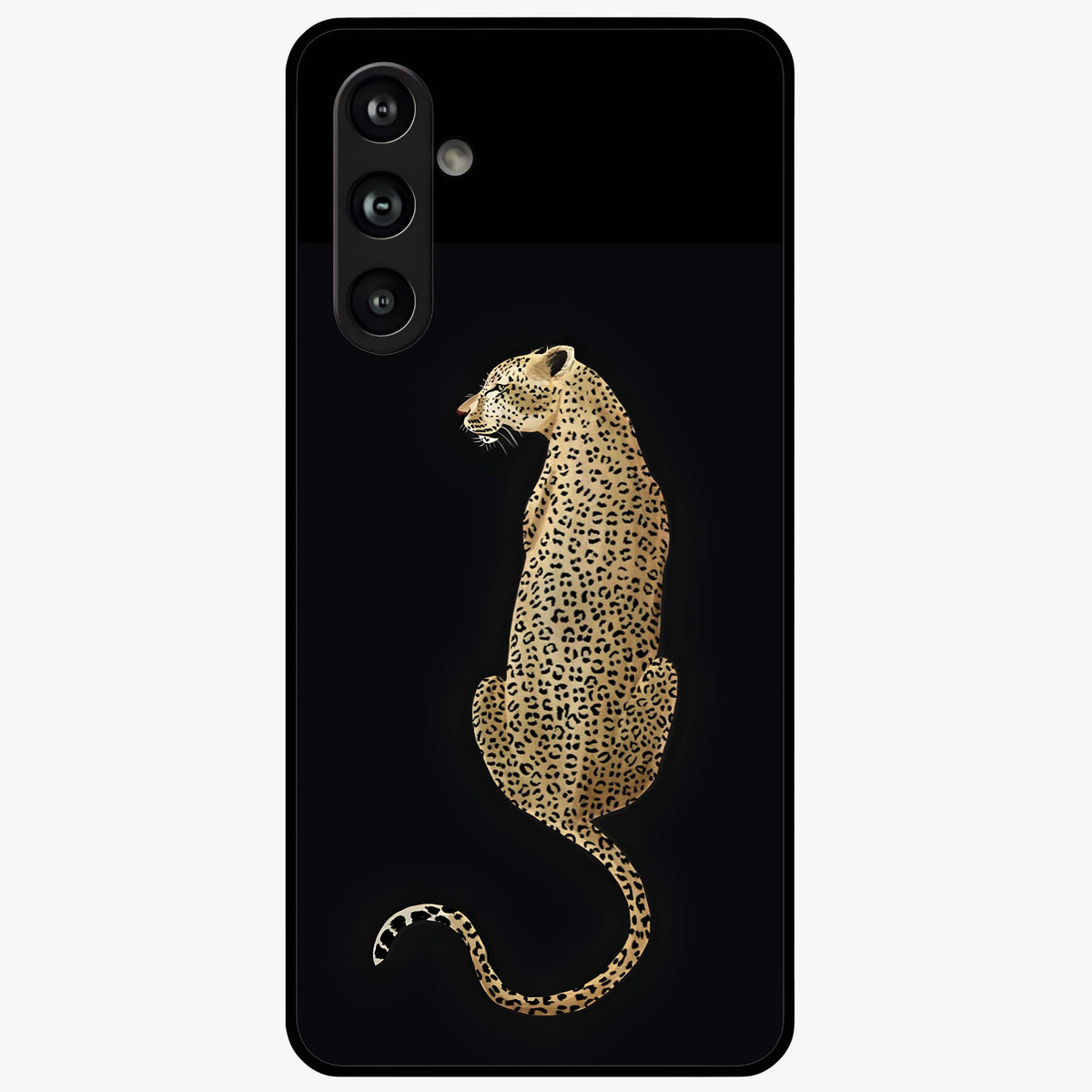 Regal Leopard Glass Case showing flat back view with bold leopard artwork and glossy glass finish.