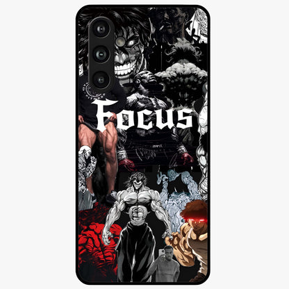 Relentless Power Focus Glass Case showing flat back view with motivational typography artwork and glossy glass finish.