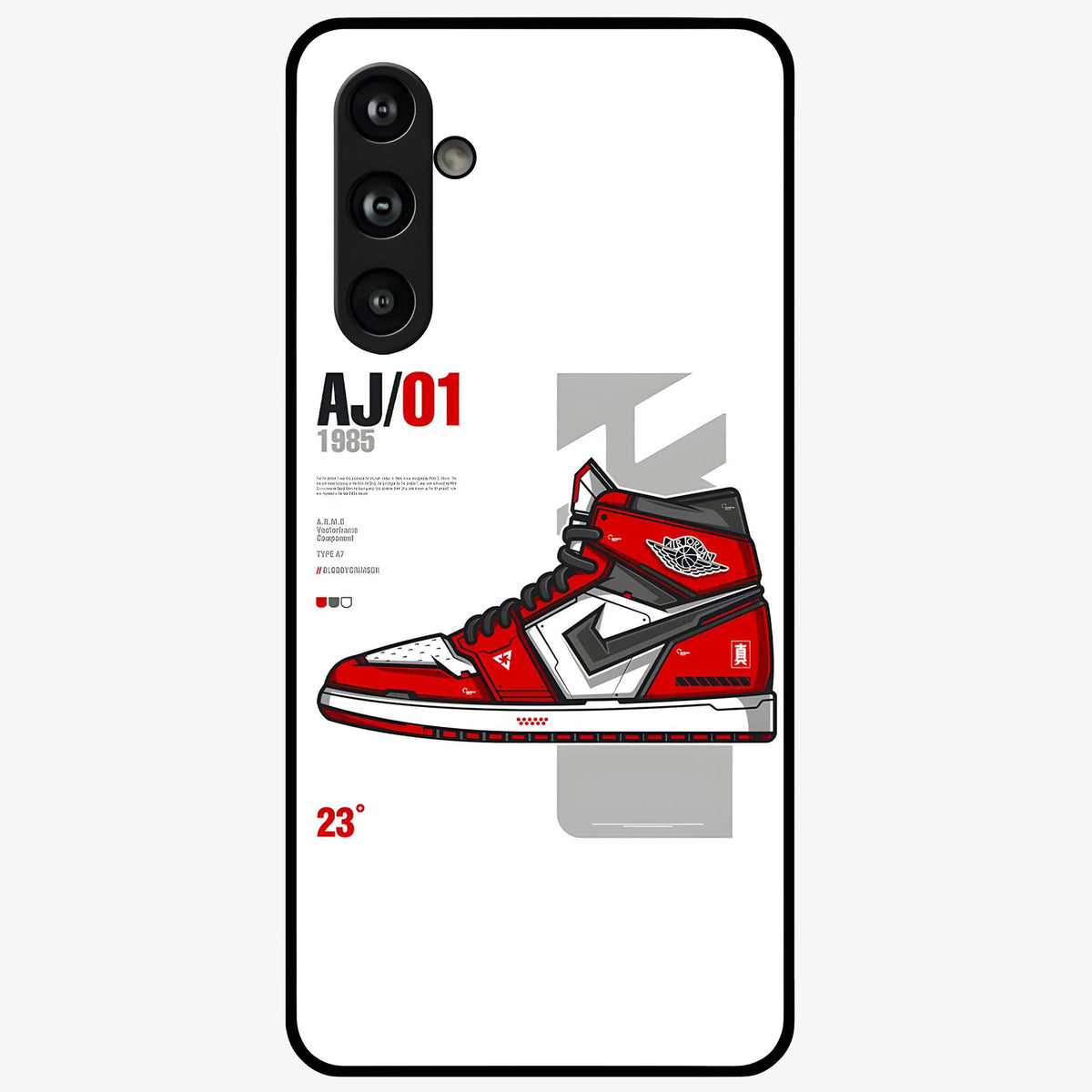Retro Sneaker Blueprint Glass Case showing flat back view with sneaker blueprint style artwork and glossy glass finish.