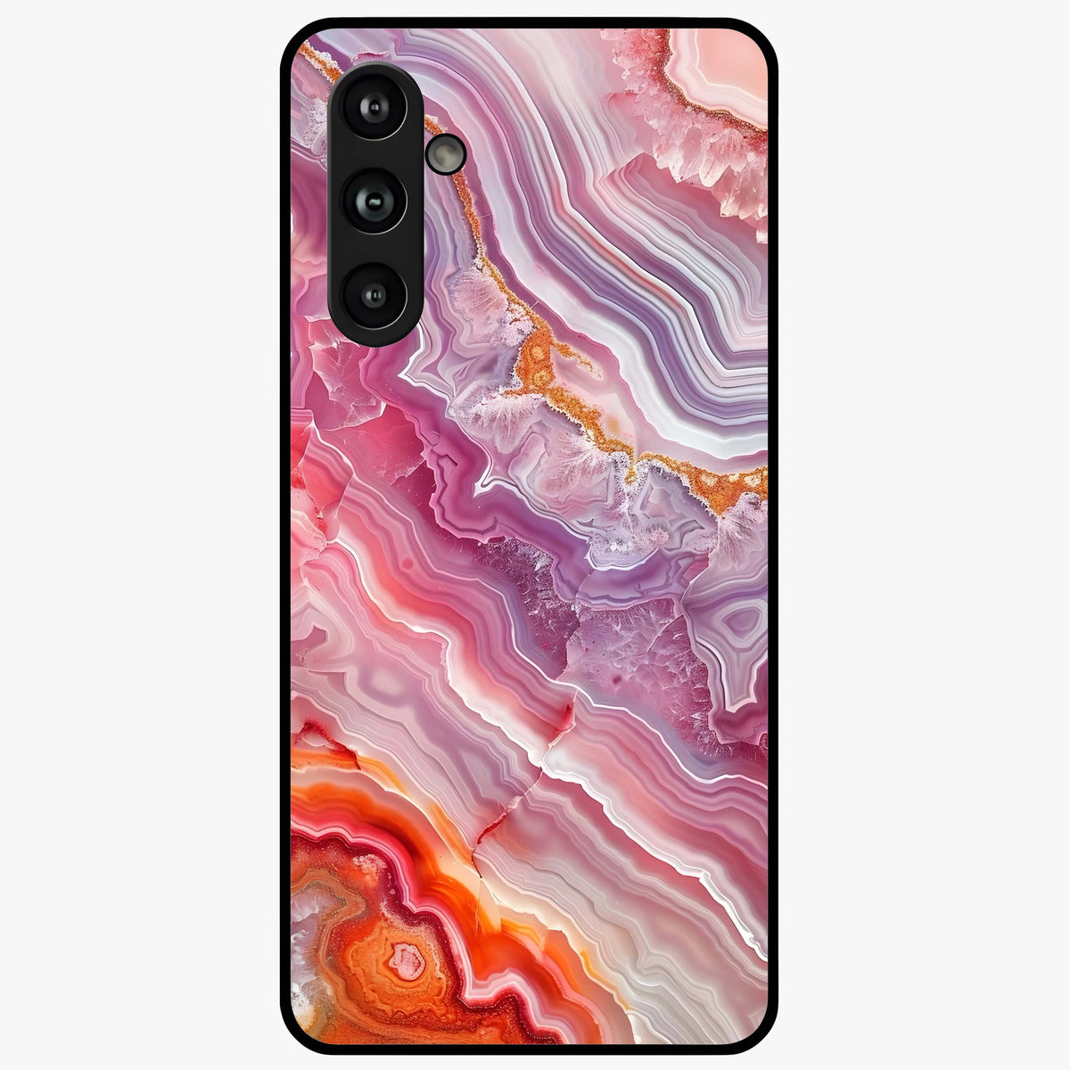 Rose Quartz Marble Glass Case showing flat back view with pink marble quartz texture artwork and glossy glass finish.