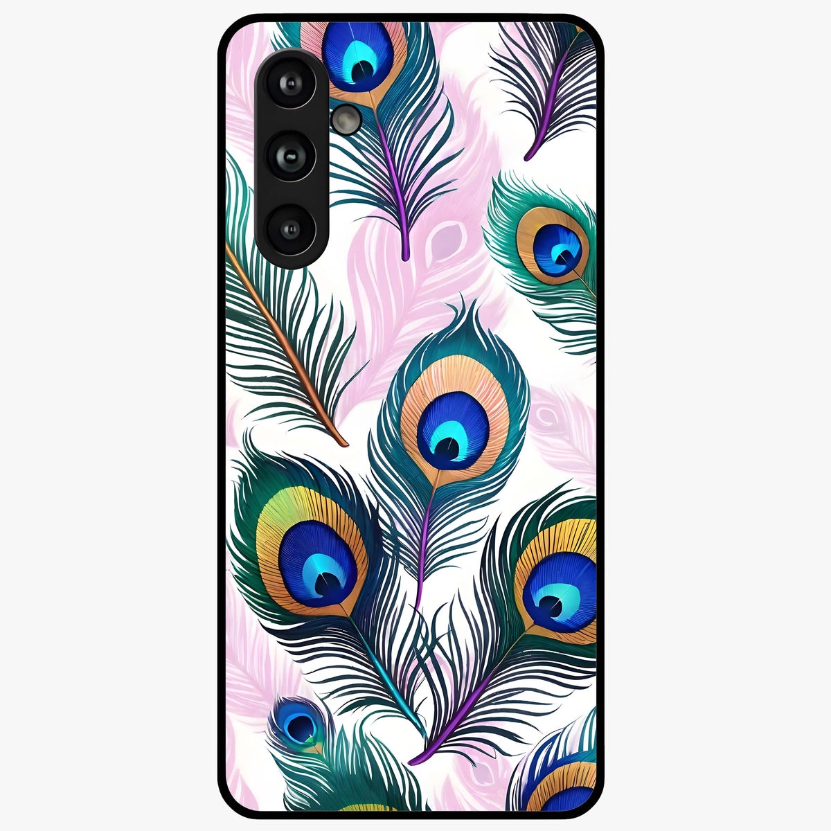 Royal Peacock Feathers Glass Case showing flat back view with colorful peacock feather artwork and glossy glass finish.