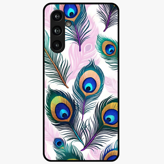Royal Peacock Feathers Glass Case showing flat back view with colorful peacock feather artwork and glossy glass finish.