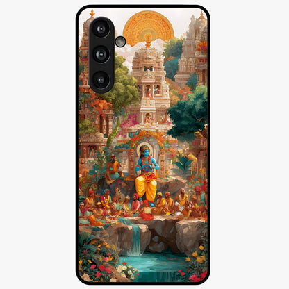 Sacred Sunlight Gods Glass Case showing flat back view with divine sunlight themed artwork and glossy glass finish.