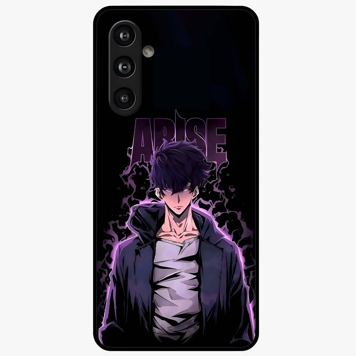 Shadow Monarch Awakening Glass Case showing flat back view with powerful dark monarch themed artwork and glossy glass finish.