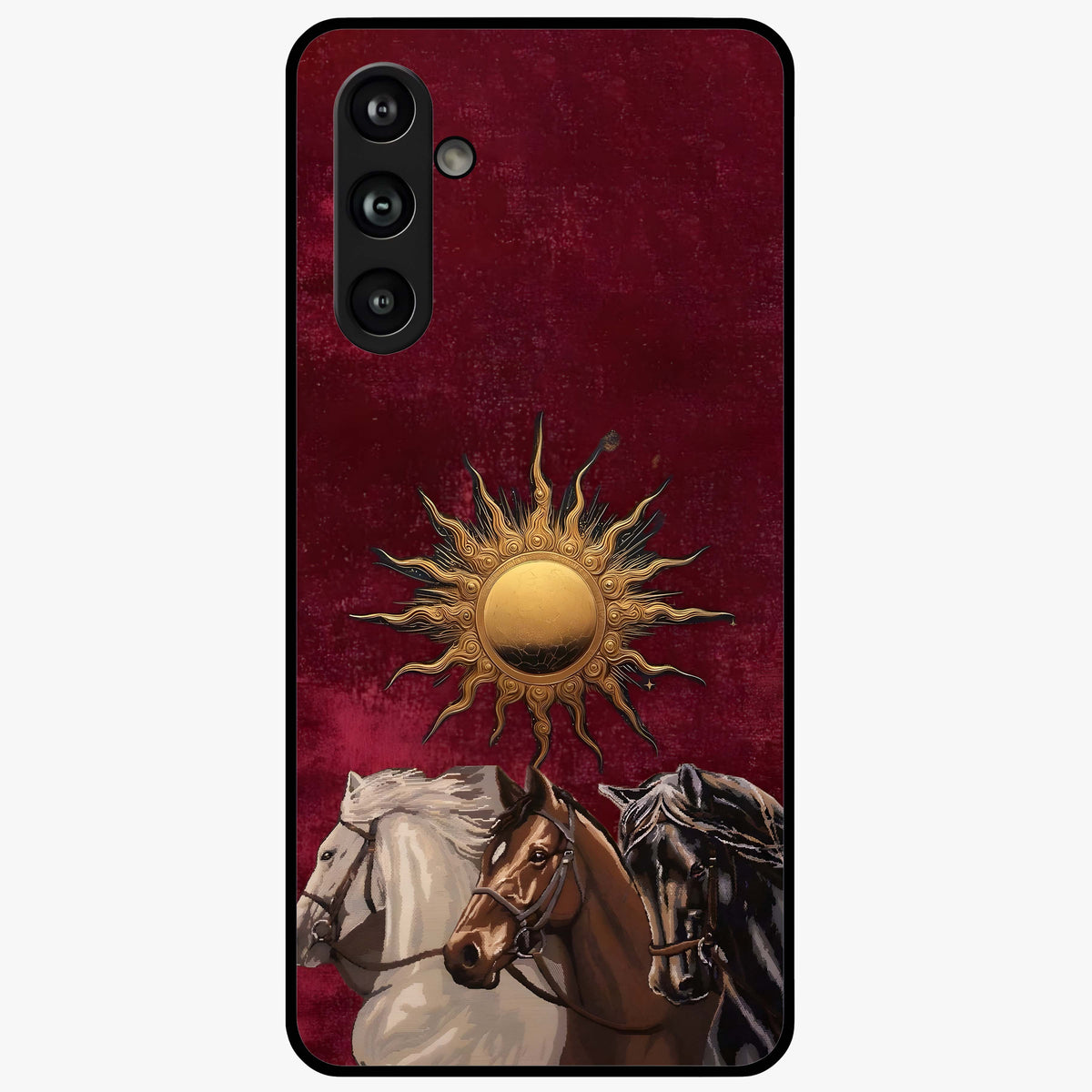 Solar Riders Glass Case showing flat back view with dynamic rider themed artwork and glossy glass finish.