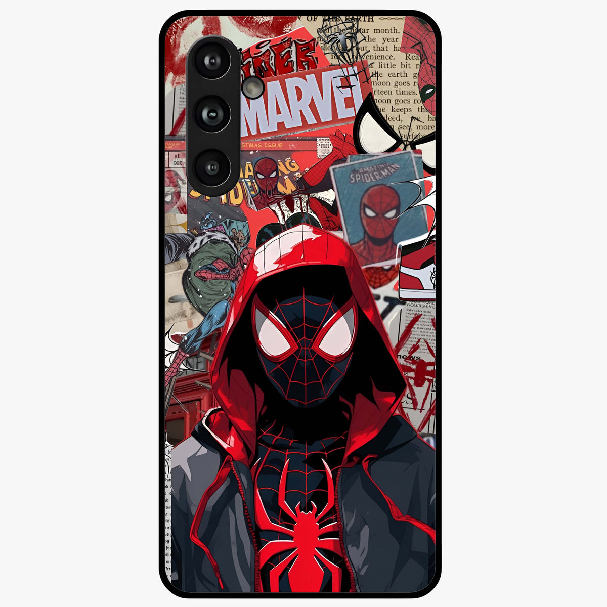 Spider Collage Street Glass Case showing flat back view with vibrant superhero collage artwork and glossy glass finish.