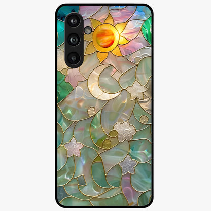Stained Sunrise Glow Glass Case showing flat back view with glowing sunrise stained pattern artwork and glossy glass finish.
