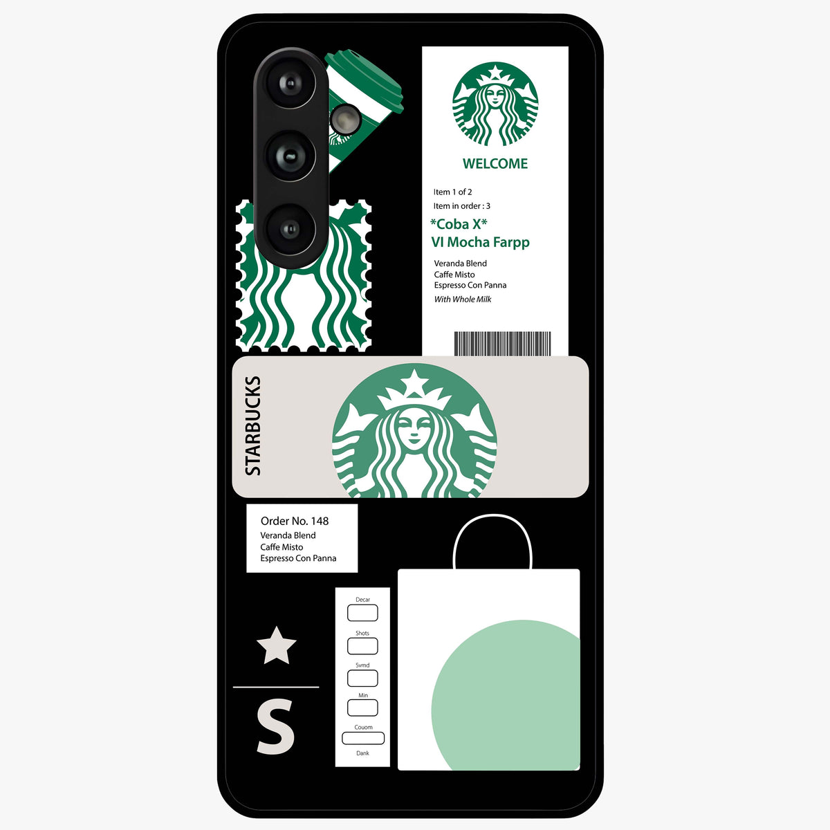 Starbucks Mocha Glass Case showing flat back view with coffee inspired artwork and glossy glass finish.