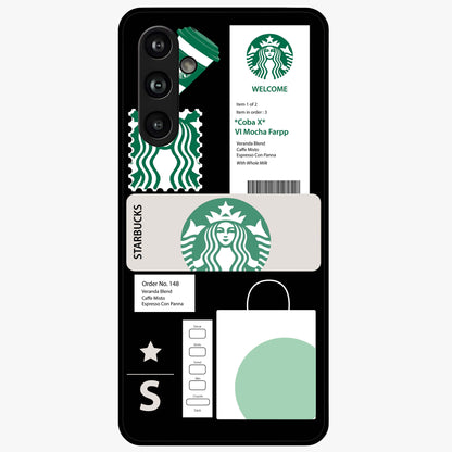 Starbucks Mocha Glass Case showing flat back view with coffee inspired artwork and glossy glass finish.