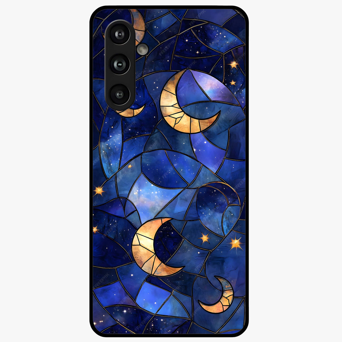 Starlit Sky Tapestry Glass Case showing flat back view with decorative starry sky tapestry artwork and glossy glass finish.