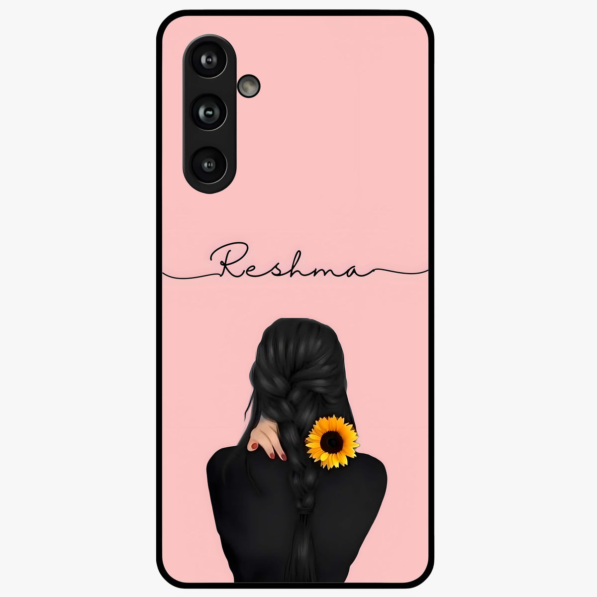 Sunflower Braid Beauty With Custom Name Glass Case showing flat back view with sunflower braid artwork and personalized name design.