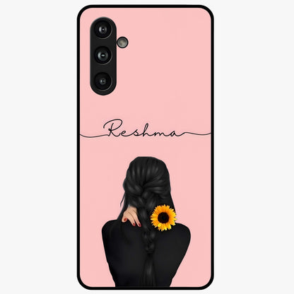 Sunflower Braid Beauty With Custom Name Glass Case showing flat back view with sunflower braid artwork and personalized name design.