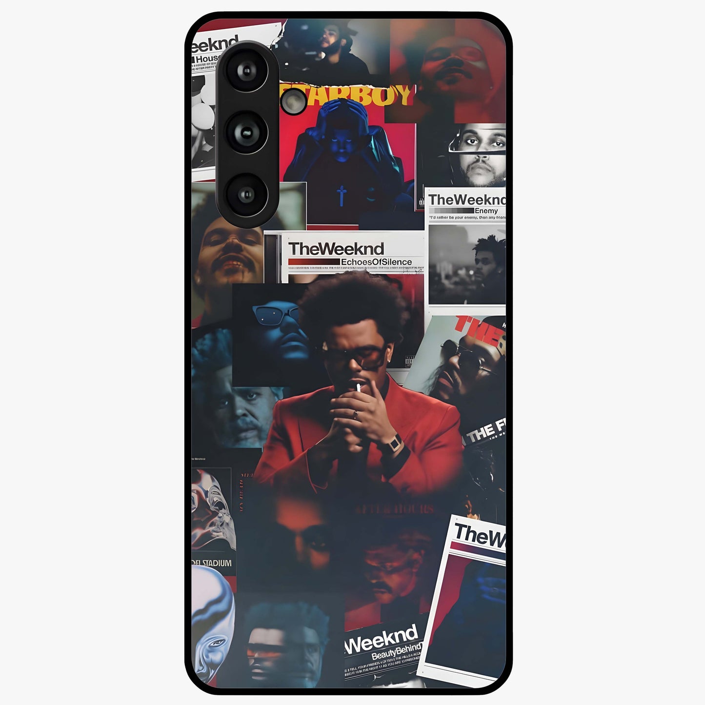 The Weeknd Glass Case showing flat back view with music inspired artistic portrait artwork and glossy glass finish.