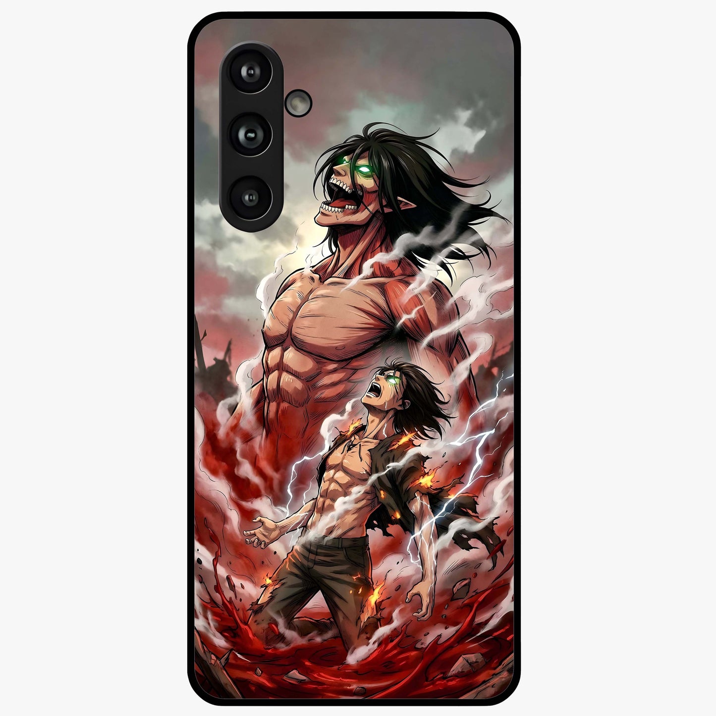Titan Awakening Fury Glass Case showing flat back view with powerful titan inspired artwork and glossy glass finish.