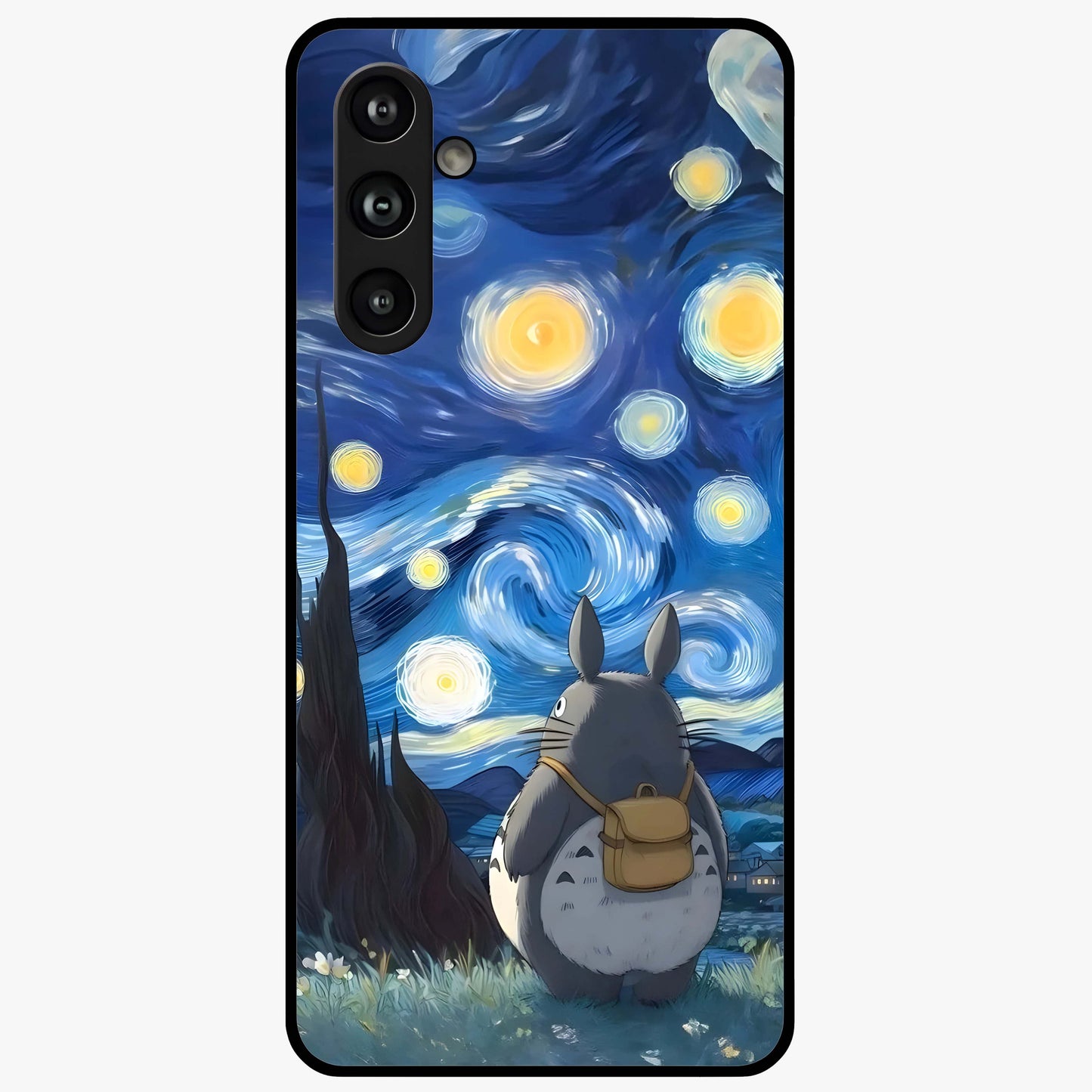 Totoro In Van Gogh Art Glass Case showing flat back view with whimsical character artwork inspired by Van Gogh style and glossy glass finish.