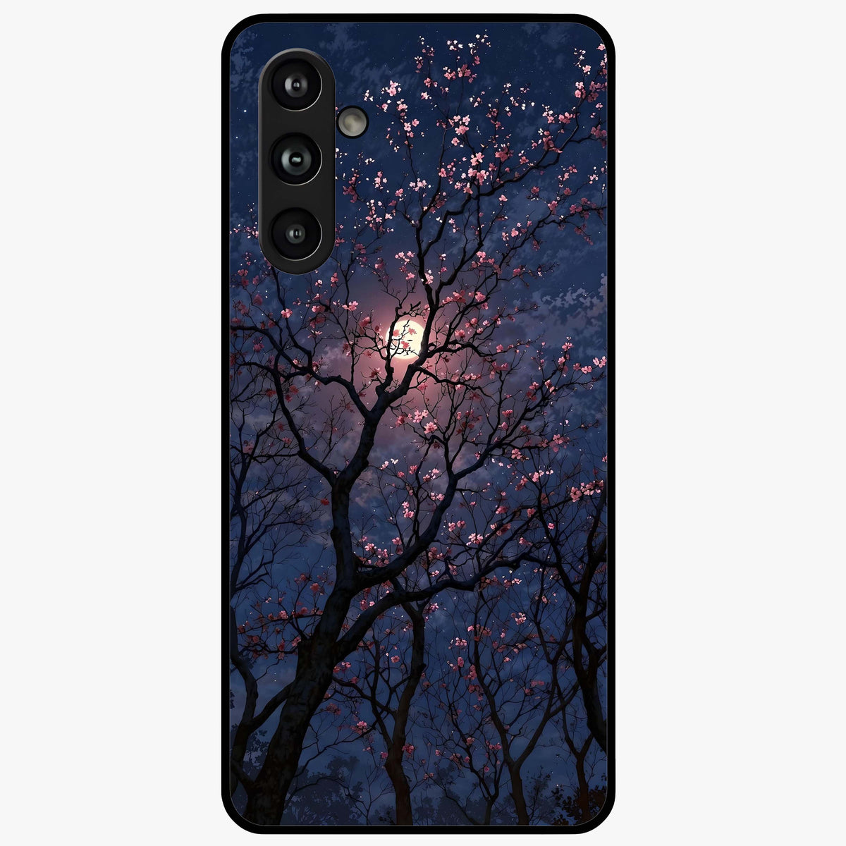 Twilight Sakura Serenade Glass Case showing flat back view with cherry blossom artwork at twilight and glossy glass finish.