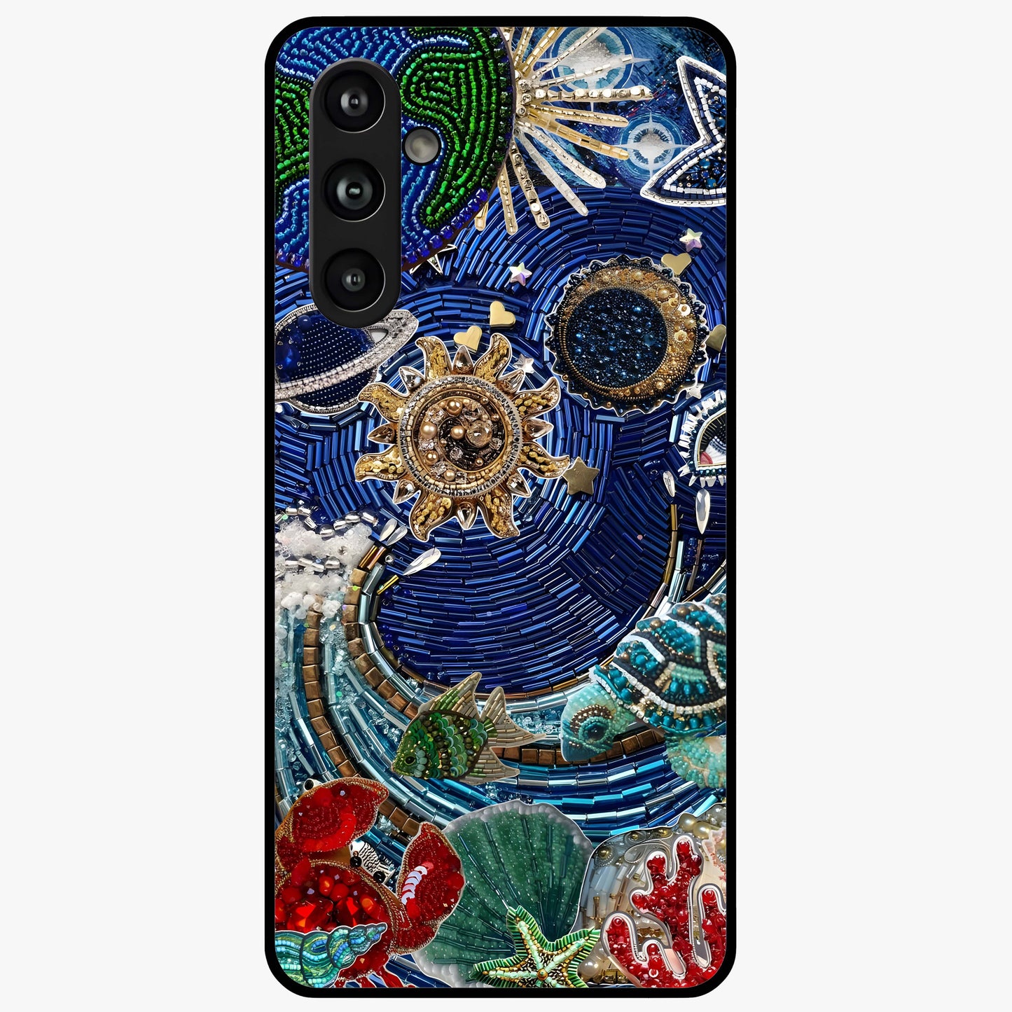 Universe Underwater Spark Glass Case showing flat back view with cosmic underwater themed artwork and glossy glass finish.