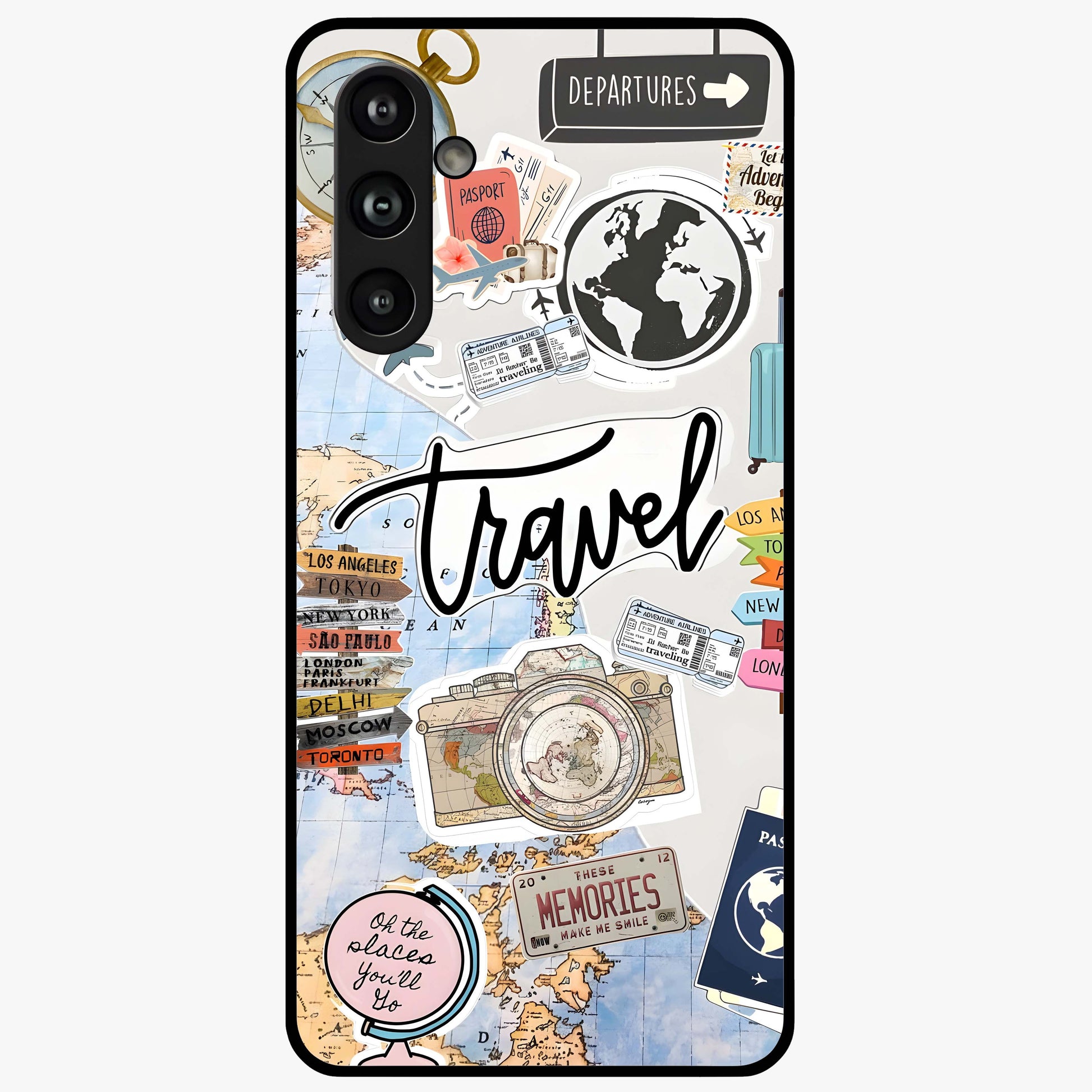 Wanderlust Journal Glass Case showing flat back view with travel inspired artwork and glossy glass finish.