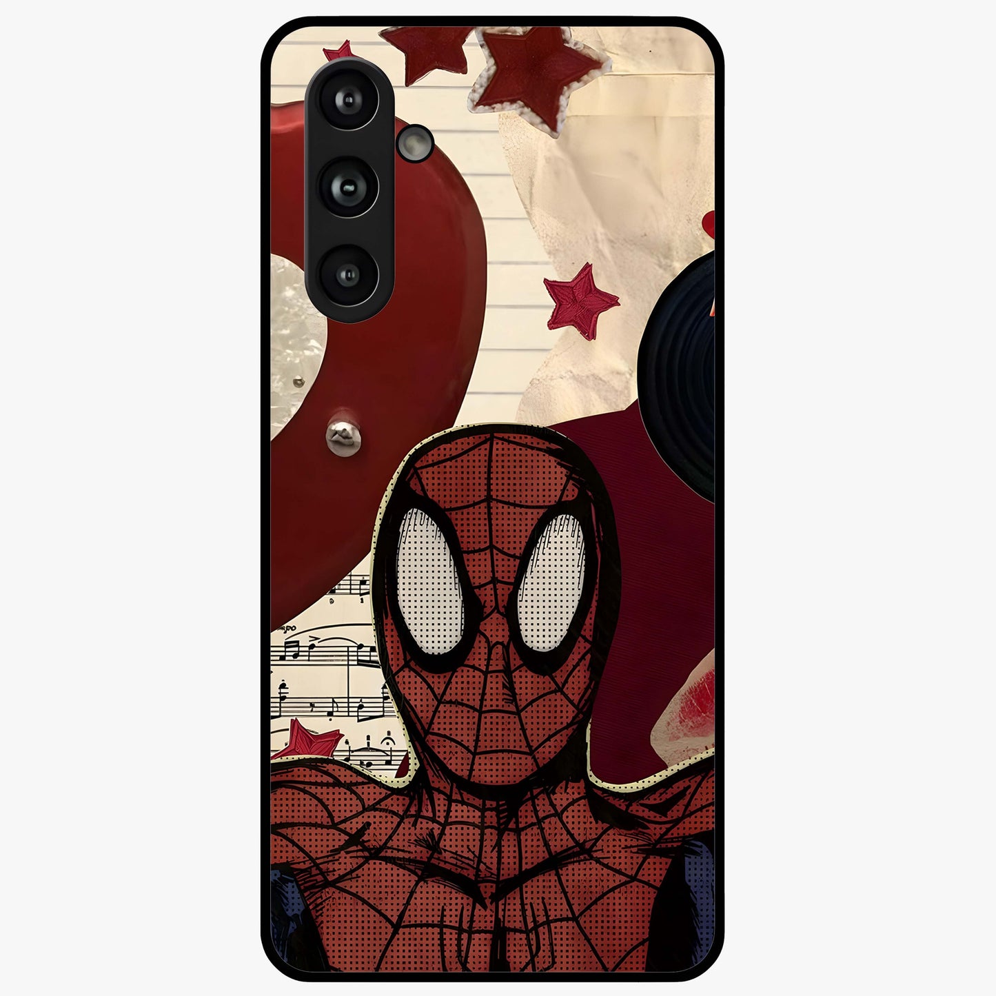 Web Warrior Vibes Glass Case showing flat back view with superhero inspired web themed artwork and glossy glass finish.