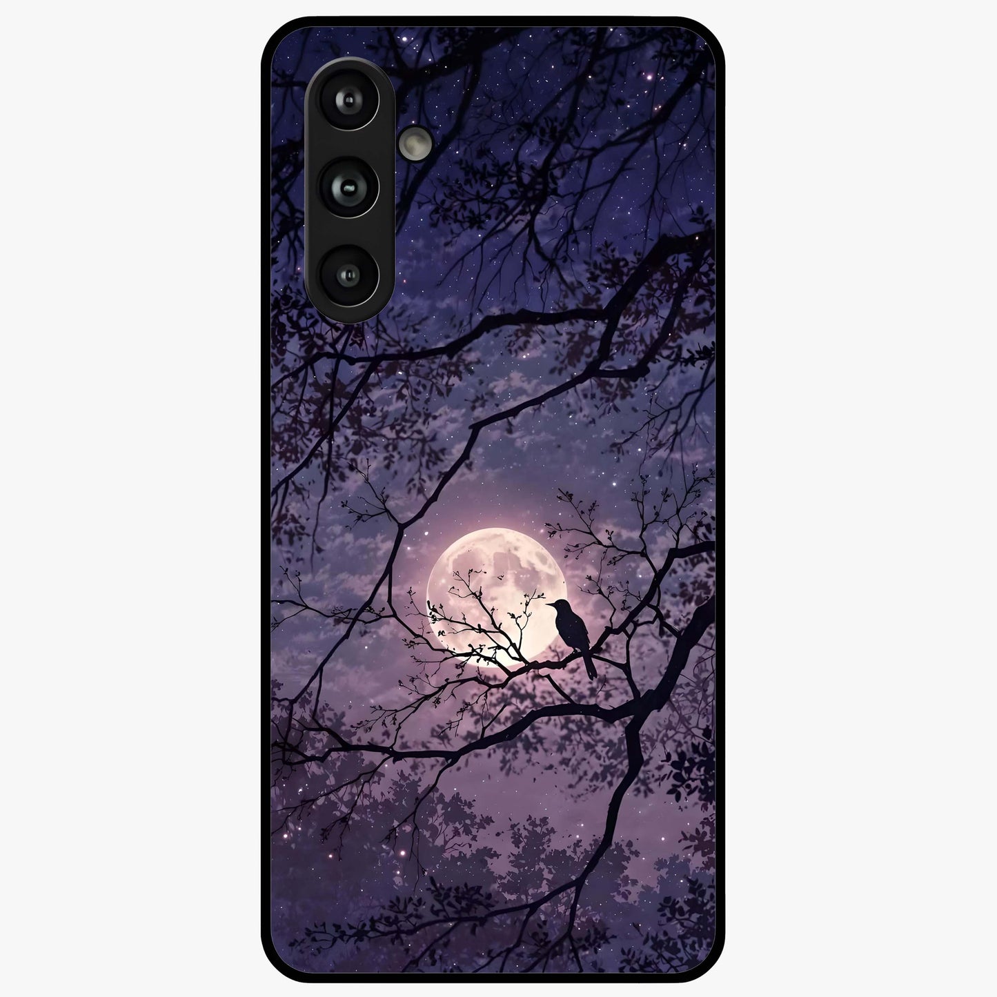 Whispering Moon Silence Glass Case showing flat back view with serene moon themed artwork and glossy glass finish.
