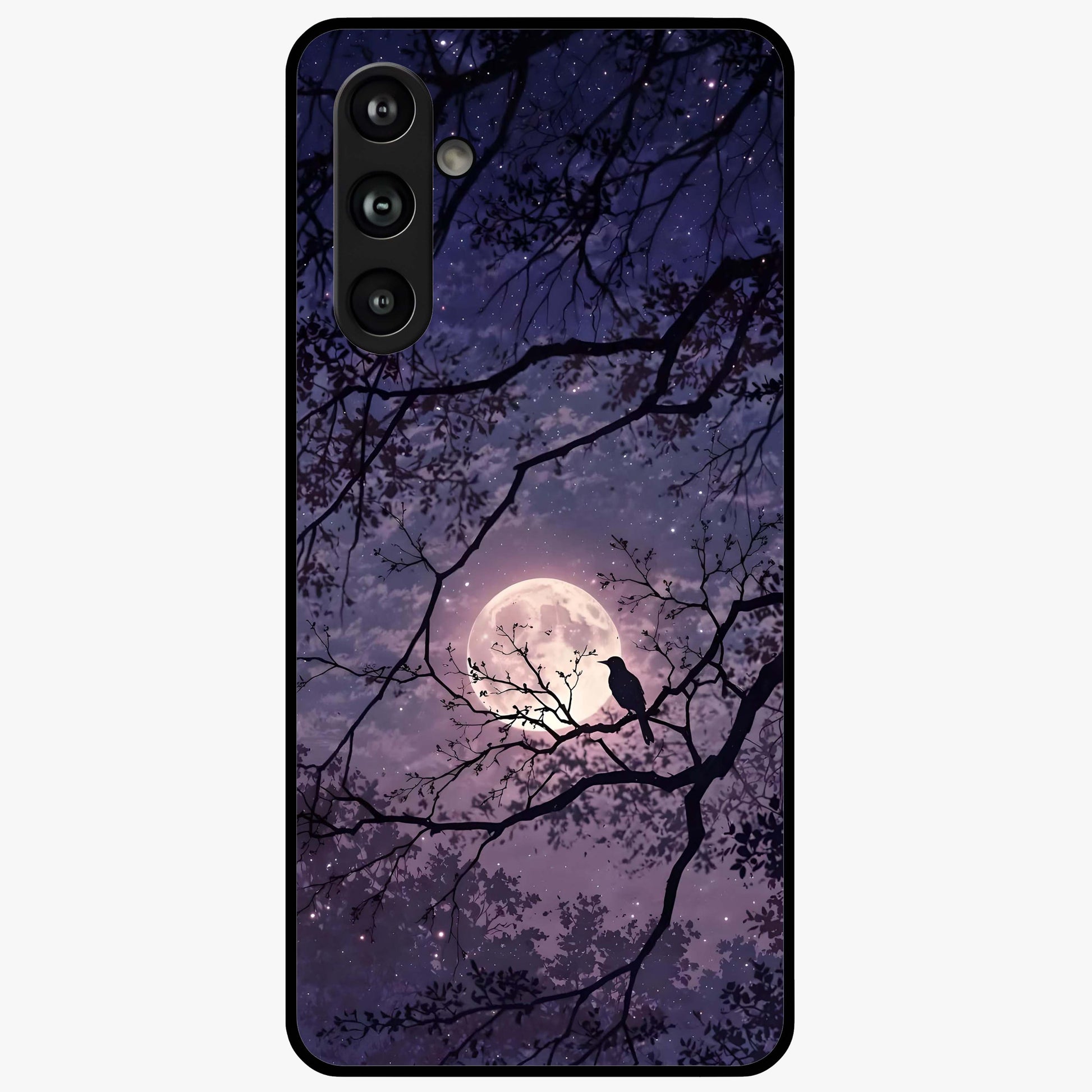Whispering Moon Silence Glass Case showing flat back view with serene moon themed artwork and glossy glass finish.