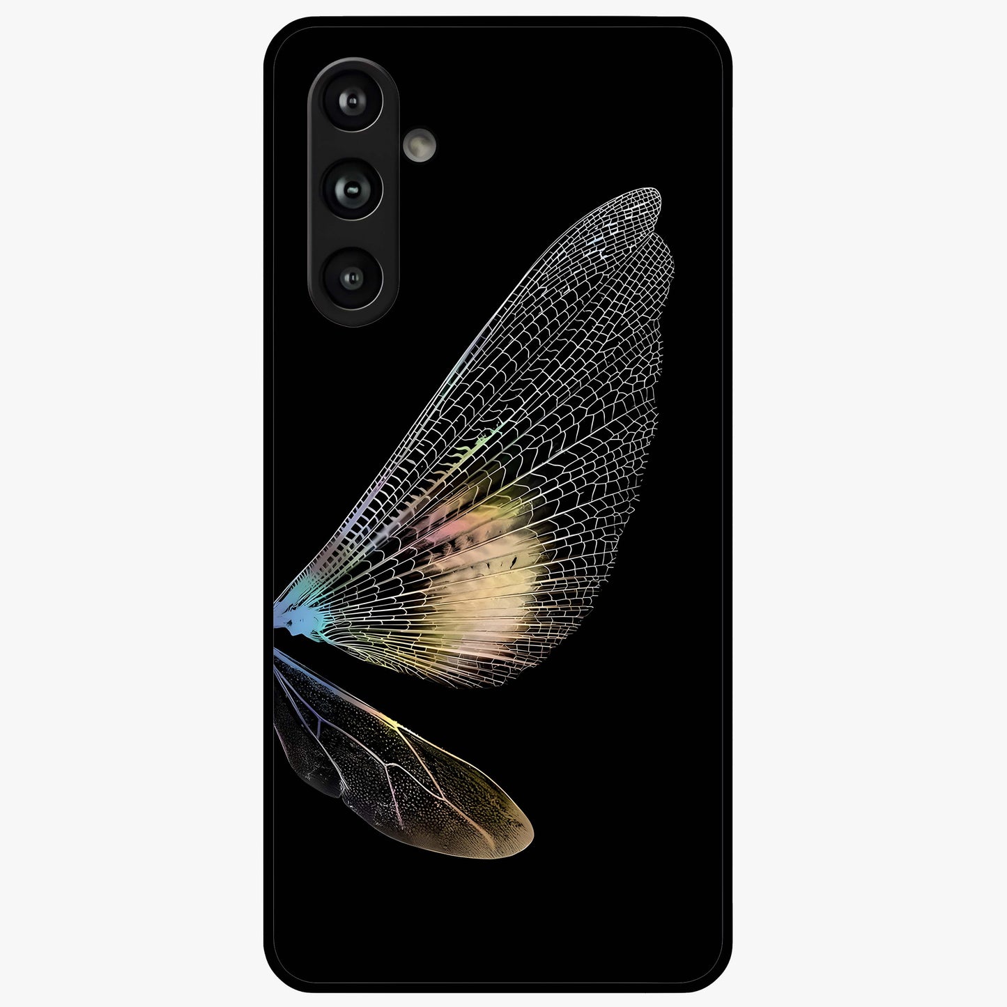 Whispers Of Wings Glass Case showing flat back view with graceful wing inspired artwork and glossy glass finish.