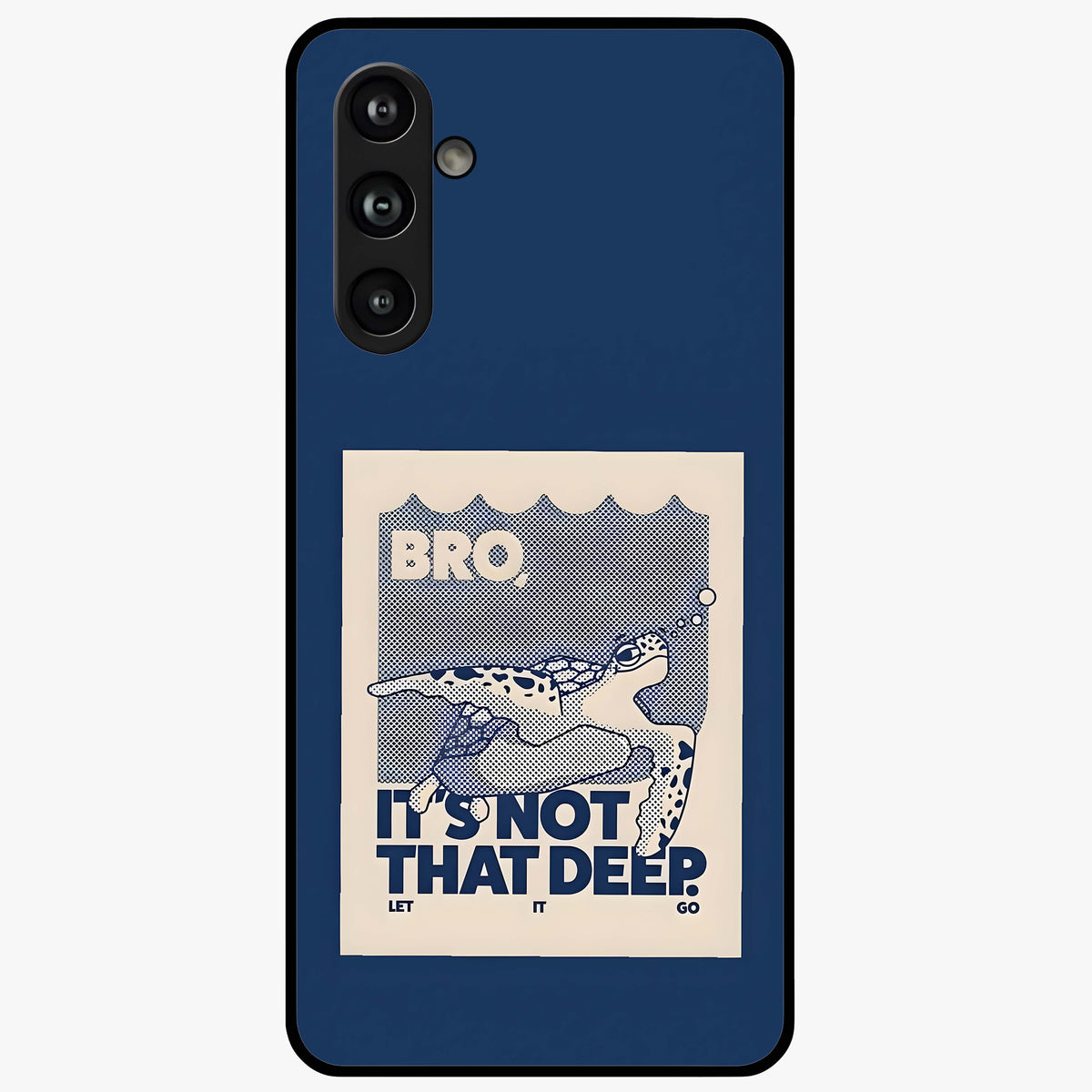 Worry Less Swim Glass Case showing flat back view with playful motivational artwork and glossy glass finish.