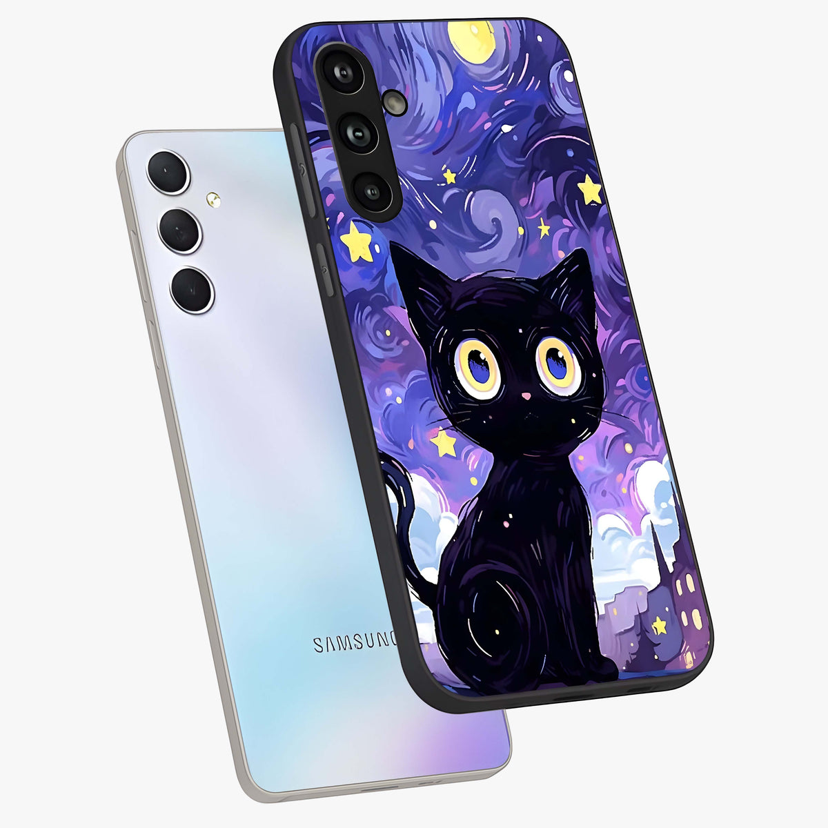 Abstract Cat Art Glass Case displayed in angled mockup highlighting modern abstract cat artwork and sleek glass surface.