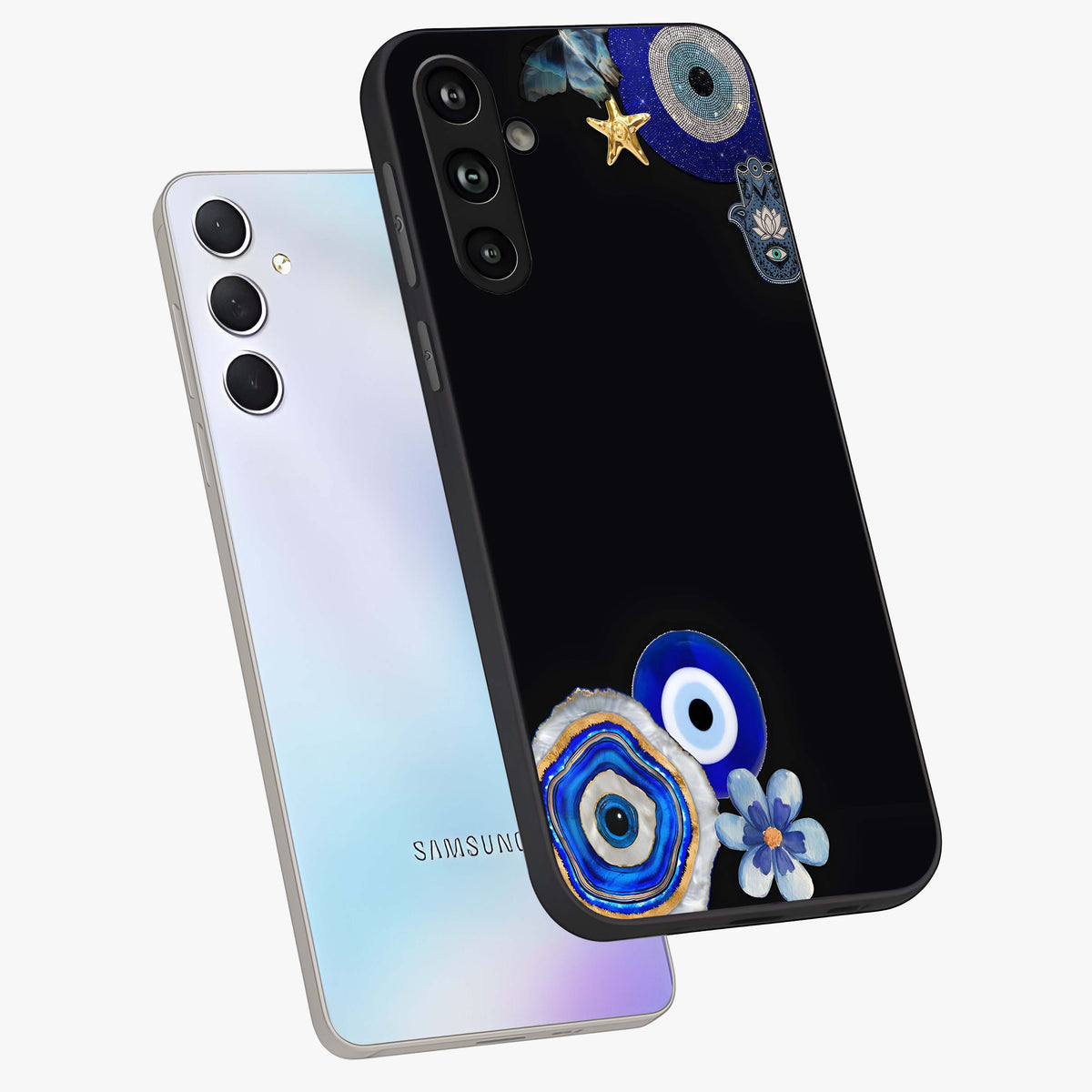 Aesthetic Blue Evil Eye Glass Case displayed in angled mockup highlighting blue evil eye symbol and spiritual aesthetic design.