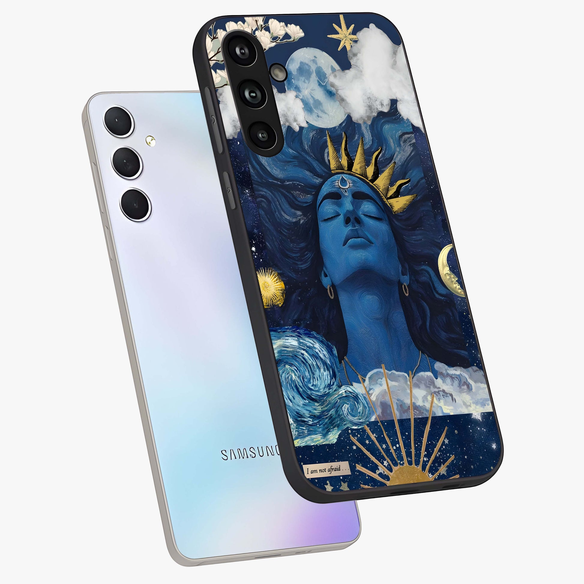 Aesthetic Lord Shiva Glass Case displayed in angled mockup highlighting spiritual Shiva illustration and sacred aesthetic design.
