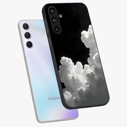 Black Background With White Cloud Glass Case displayed in angled mockup highlighting soft white cloud illustration and minimal design.