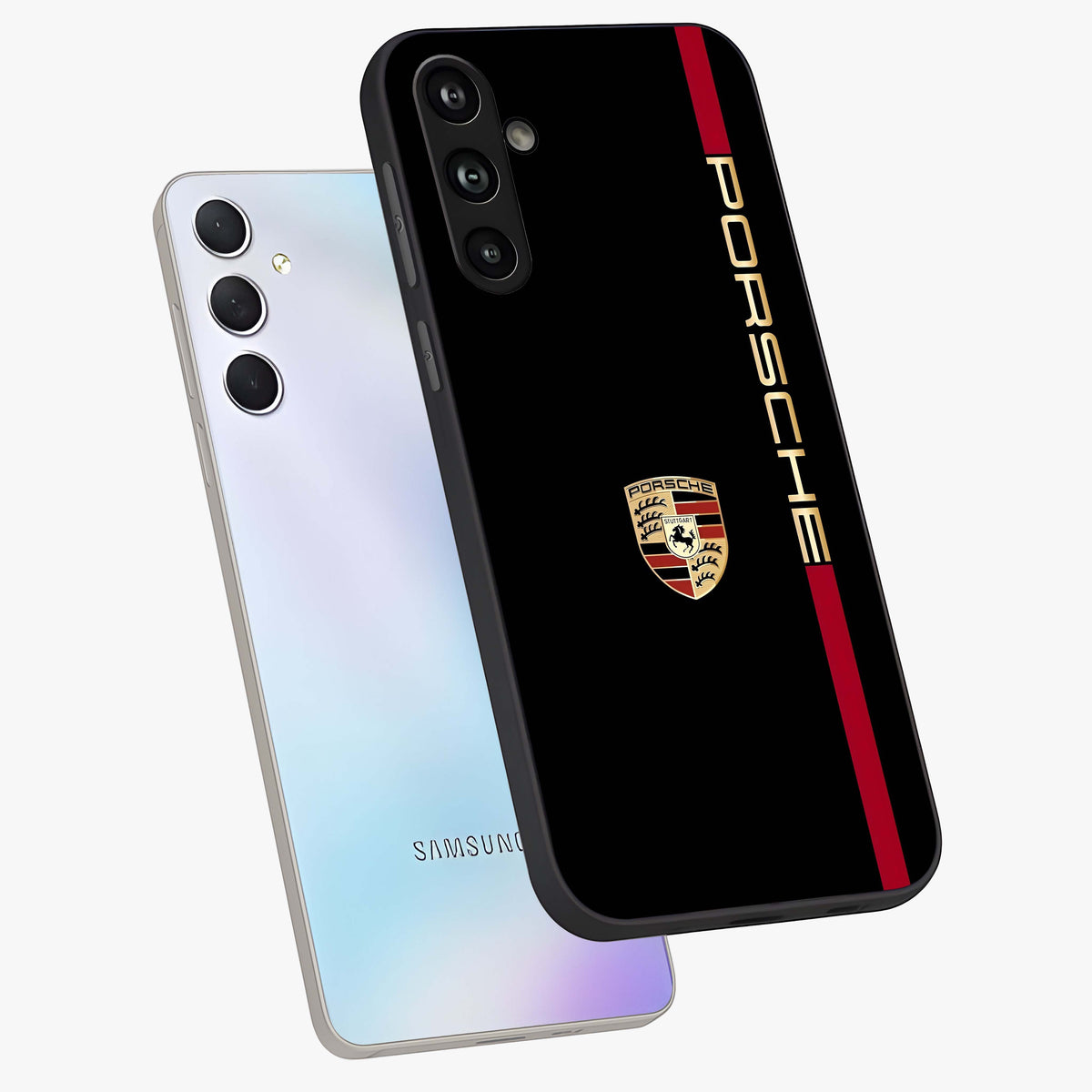 Black Minimal Porsche Glass Case displayed in angled mockup highlighting modern minimal car illustration and clean aesthetic design.