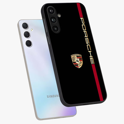 Black Minimal Porsche Glass Case displayed in angled mockup highlighting modern minimal car illustration and clean aesthetic design.
