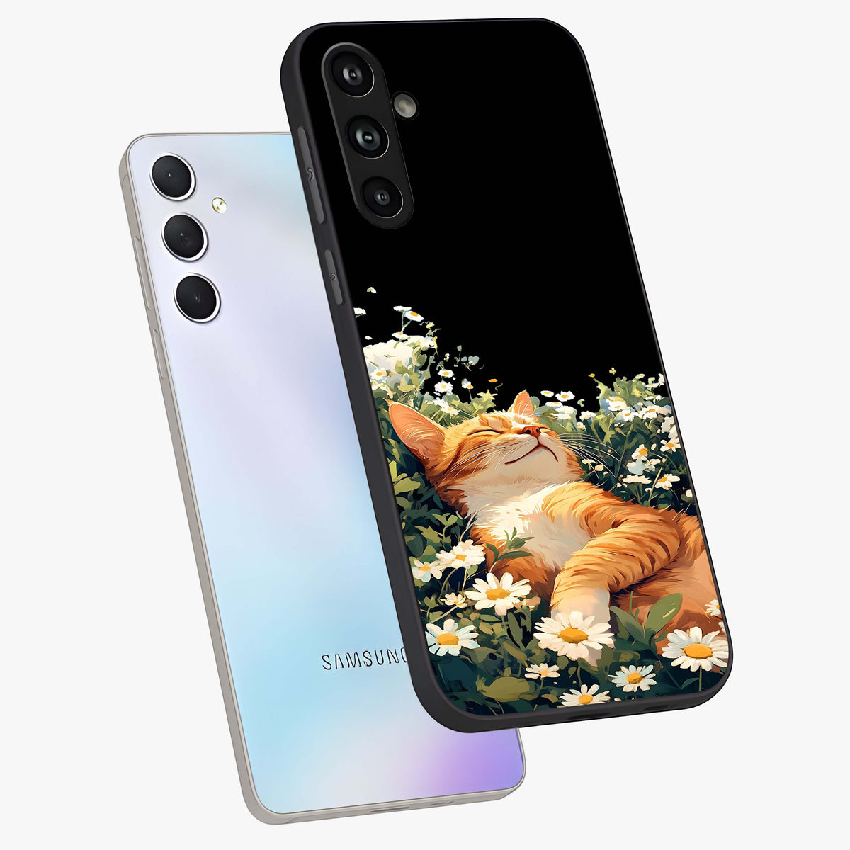 Blissful Bloom Cat Glass Case displayed in angled mockup highlighting playful feline illustration with soft floral aesthetic.
