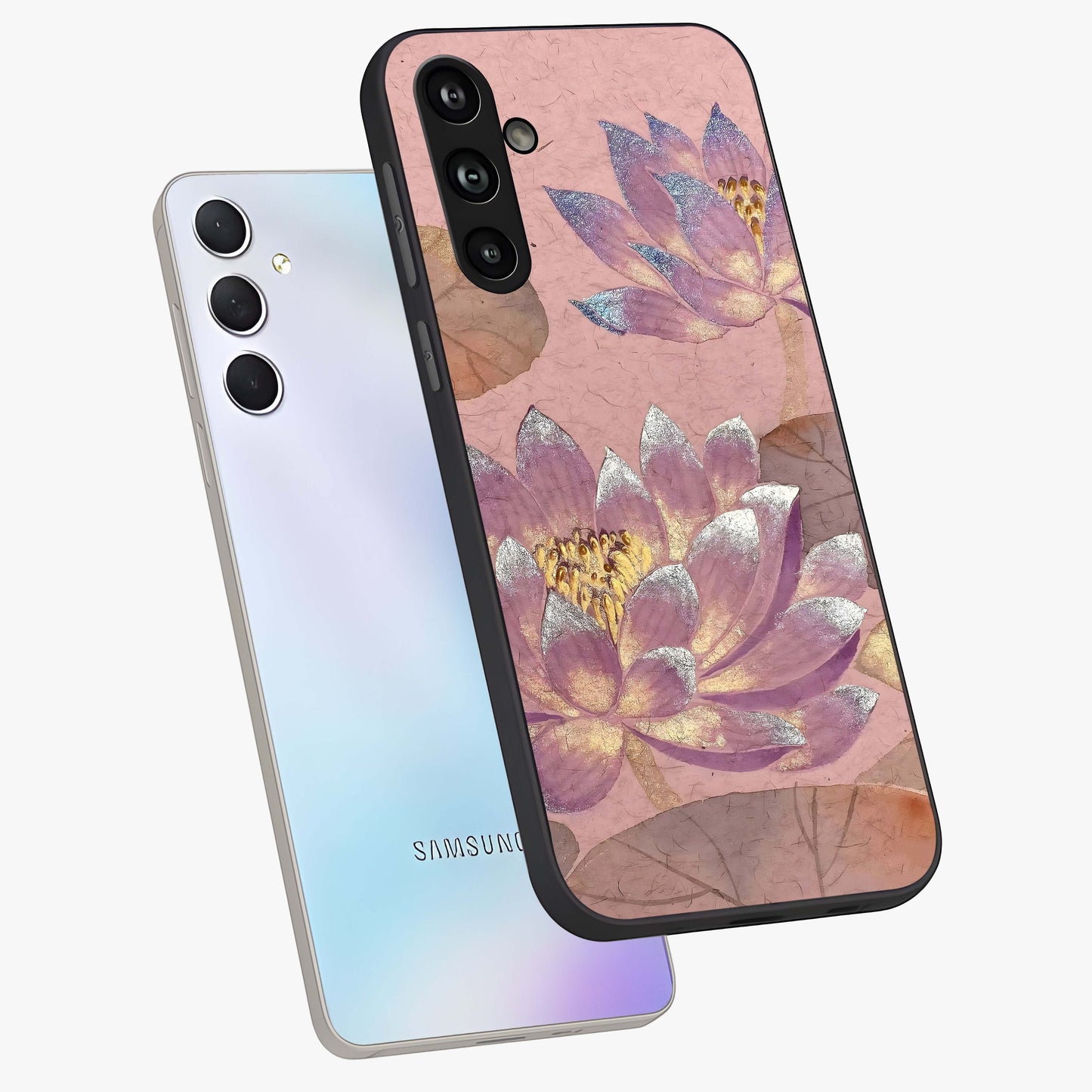 Blossom Mist Lotus Glass Case displayed in angled mockup highlighting delicate lotus illustration with calm aesthetic theme.