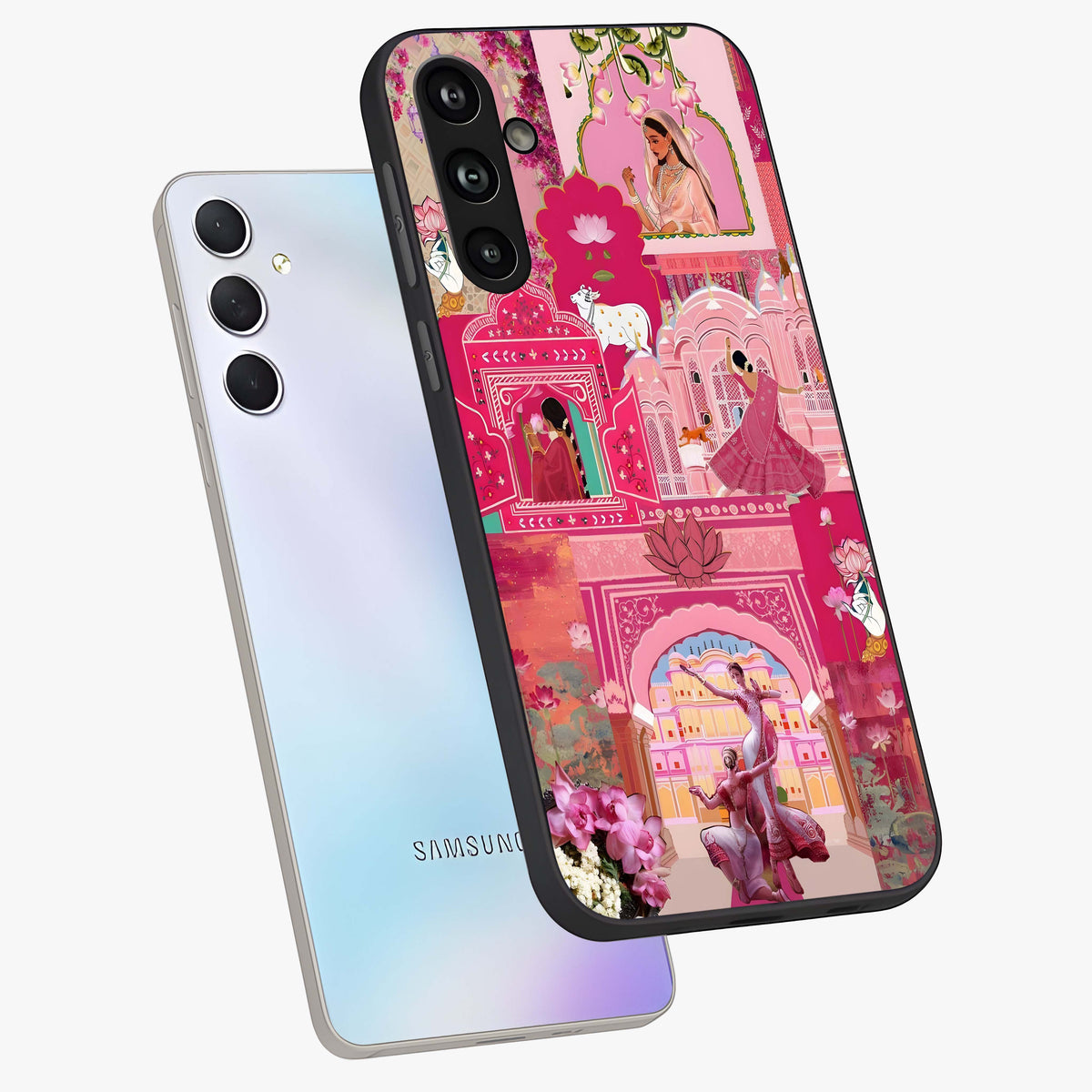 Blossoms of Rajasthan Glass Case displayed in angled mockup highlighting vibrant floral pattern with cultural aesthetic style.