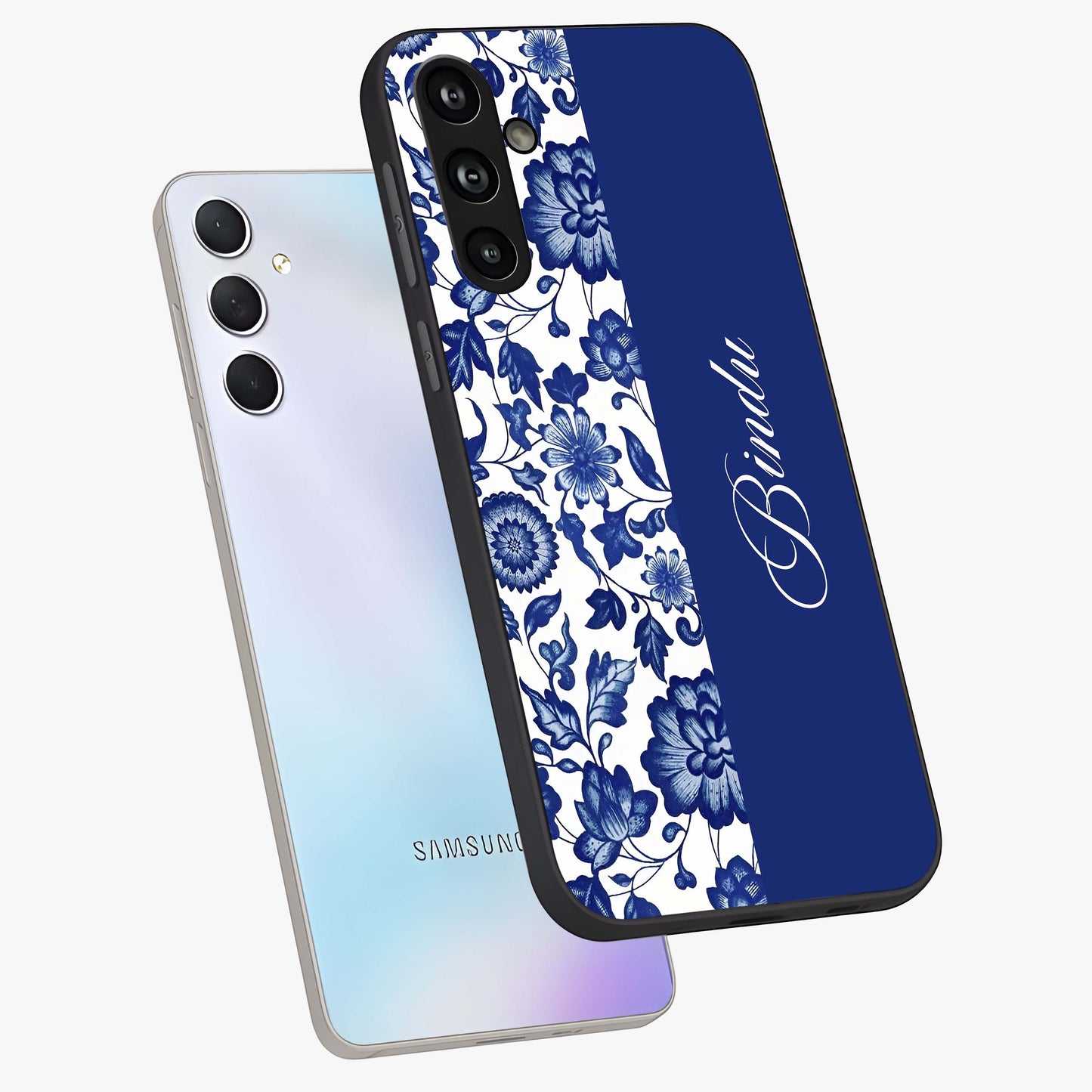 Blue Vintage Floral Pattern Glass Case displayed in angled mockup highlighting subtle bloom pattern with aesthetic pastel design.