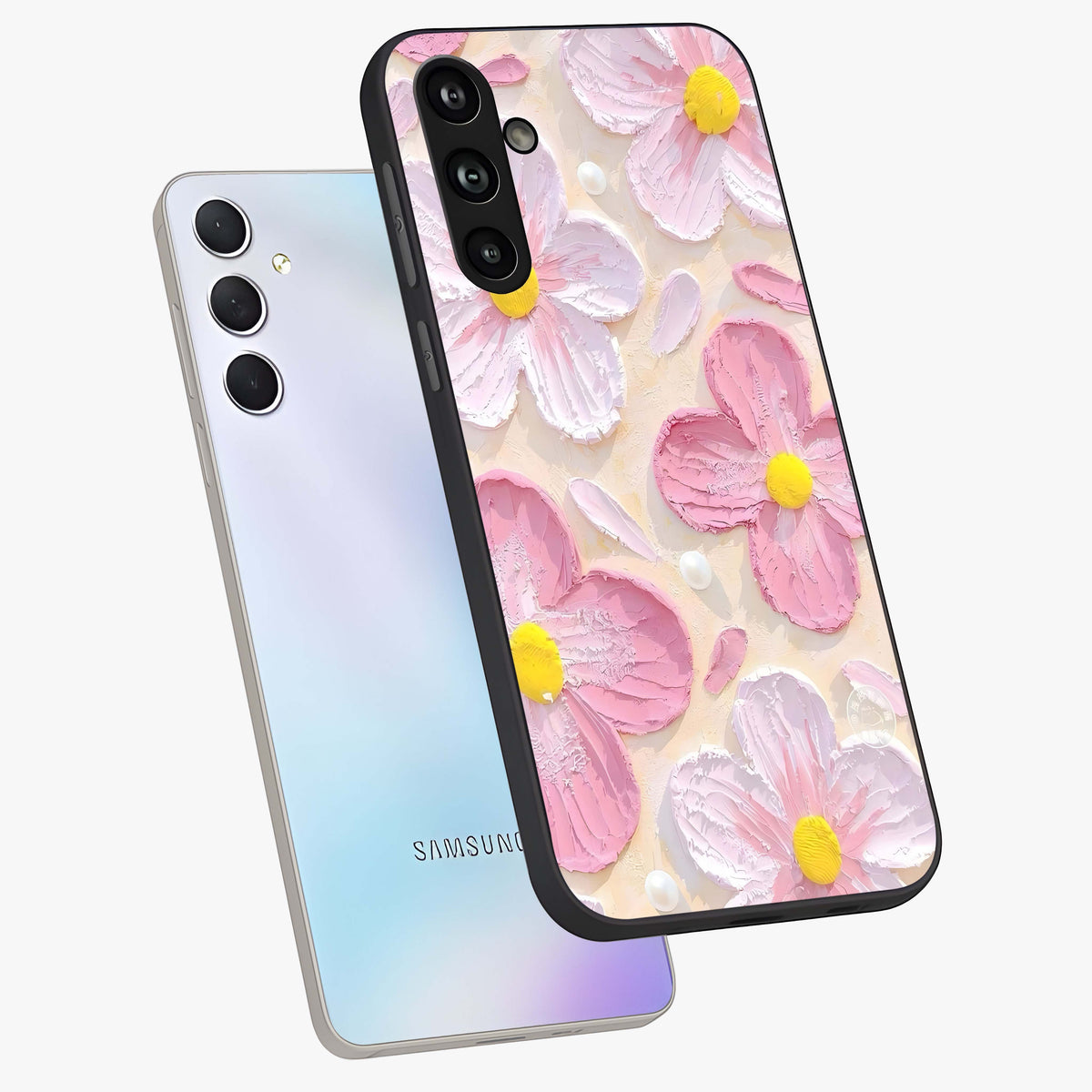 Blush Bloom Texture Glass Case displayed in angled mockup highlighting subtle bloom pattern with aesthetic pastel design.