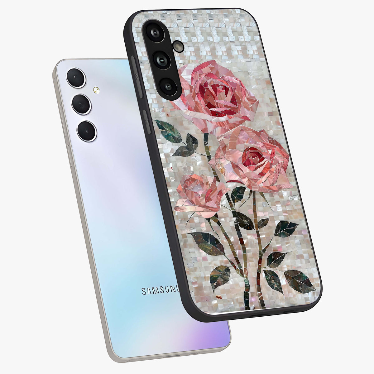 Blush Mosaic Bloom Glass Case displayed in angled mockup highlighting artistic mosaic flower pattern with aesthetic design.