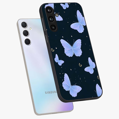 Butterfly With Stars Pattern Glass Case displayed in angled mockup highlighting dreamy butterfly and star design with aesthetic theme.