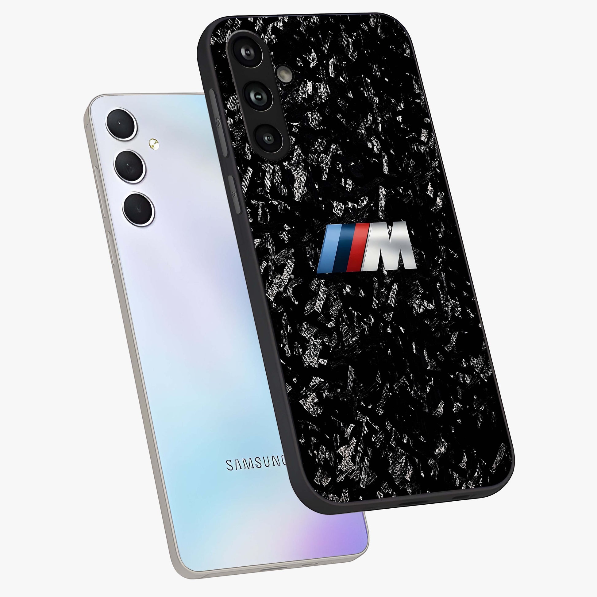 Carbon Speed Mark Glass Case displayed in angled mockup highlighting racing inspired carbon design and sleek aesthetic style.