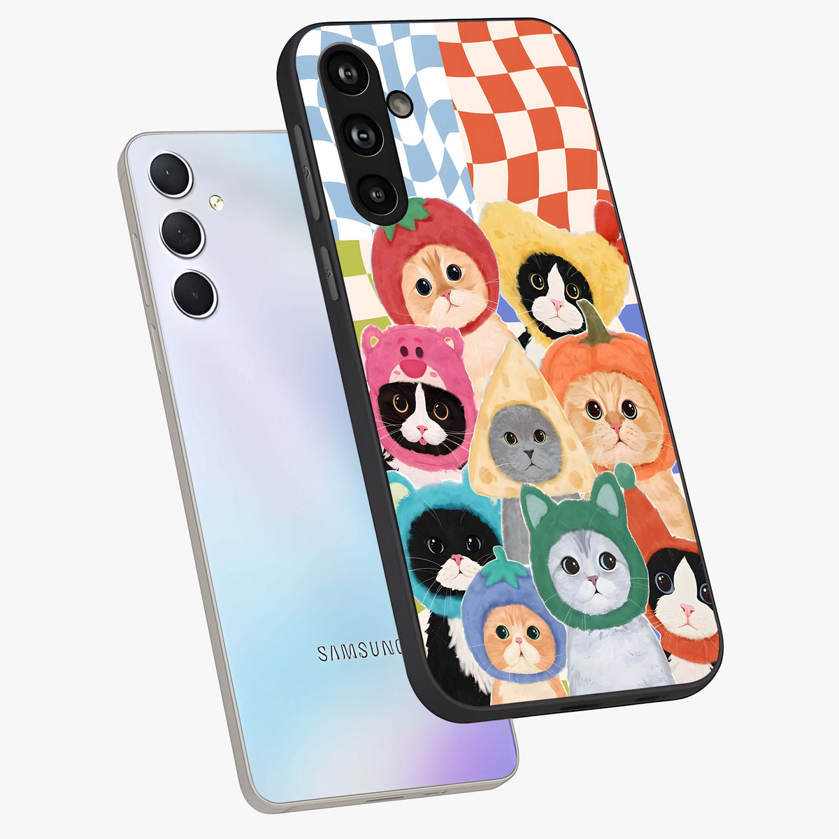 Cats in Fruits Glass Case displayed in angled mockup highlighting cute feline fruit design with colorful aesthetic style.