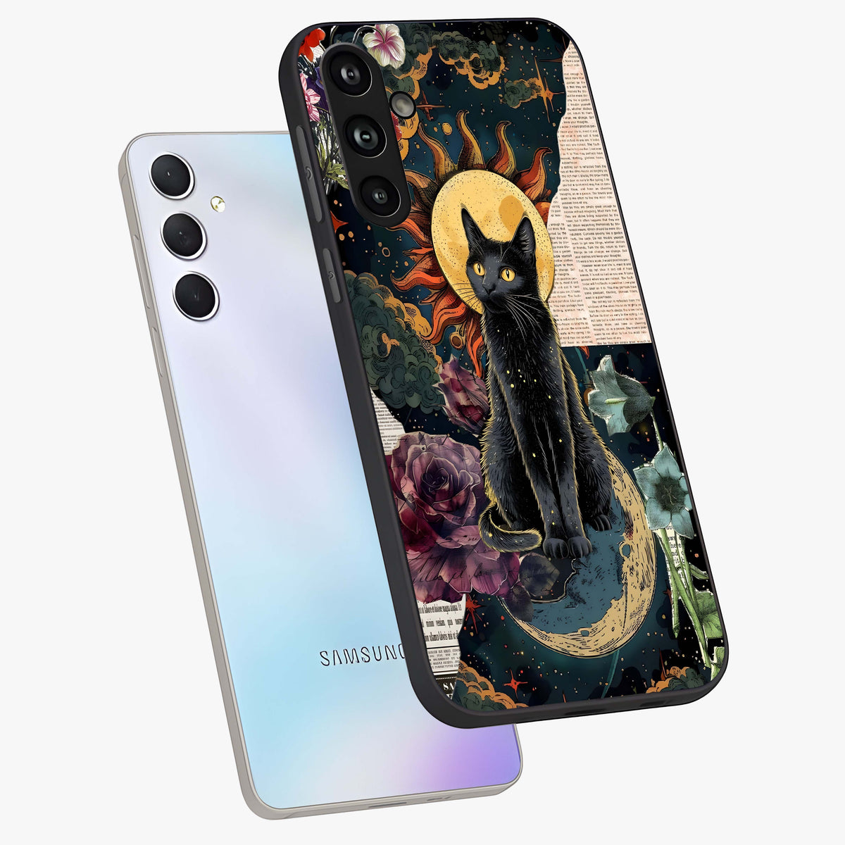 Celestial Black Cat Glass Case displayed in angled mockup highlighting cosmic black cat design with celestial aesthetic.