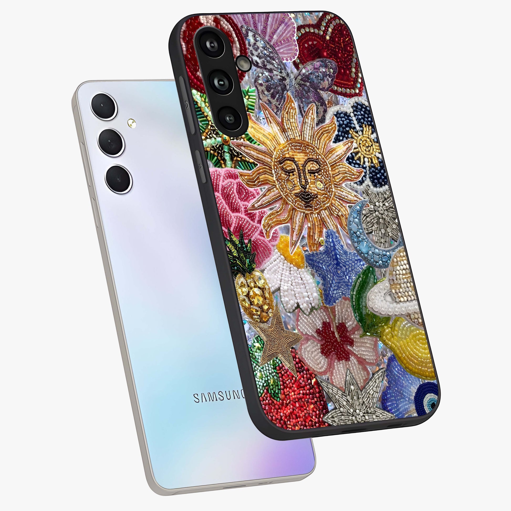 Celestial Floral and Playful Glass Case displayed in angled mockup highlighting playful floral design with dreamy celestial elements.