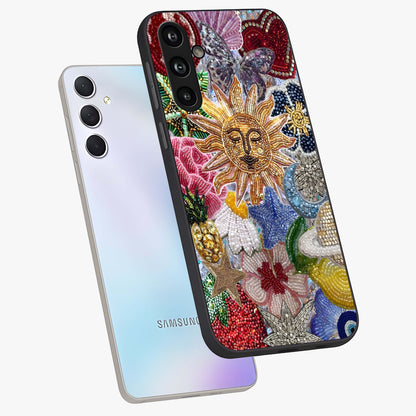 Celestial Floral and Playful Glass Case displayed in angled mockup highlighting playful floral design with dreamy celestial elements.