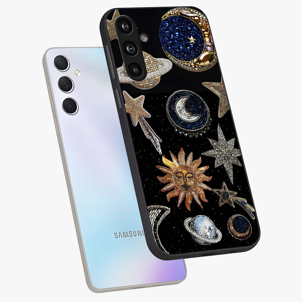 Celestial Gem Constellations Glass Case displayed in angled mockup highlighting gemstone inspired constellation design.